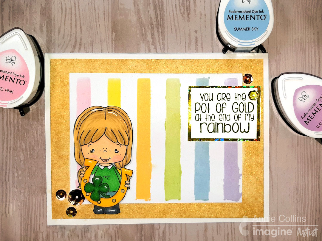 Create a rainbow themed St Patricks Day card with Memento and Delicata. 